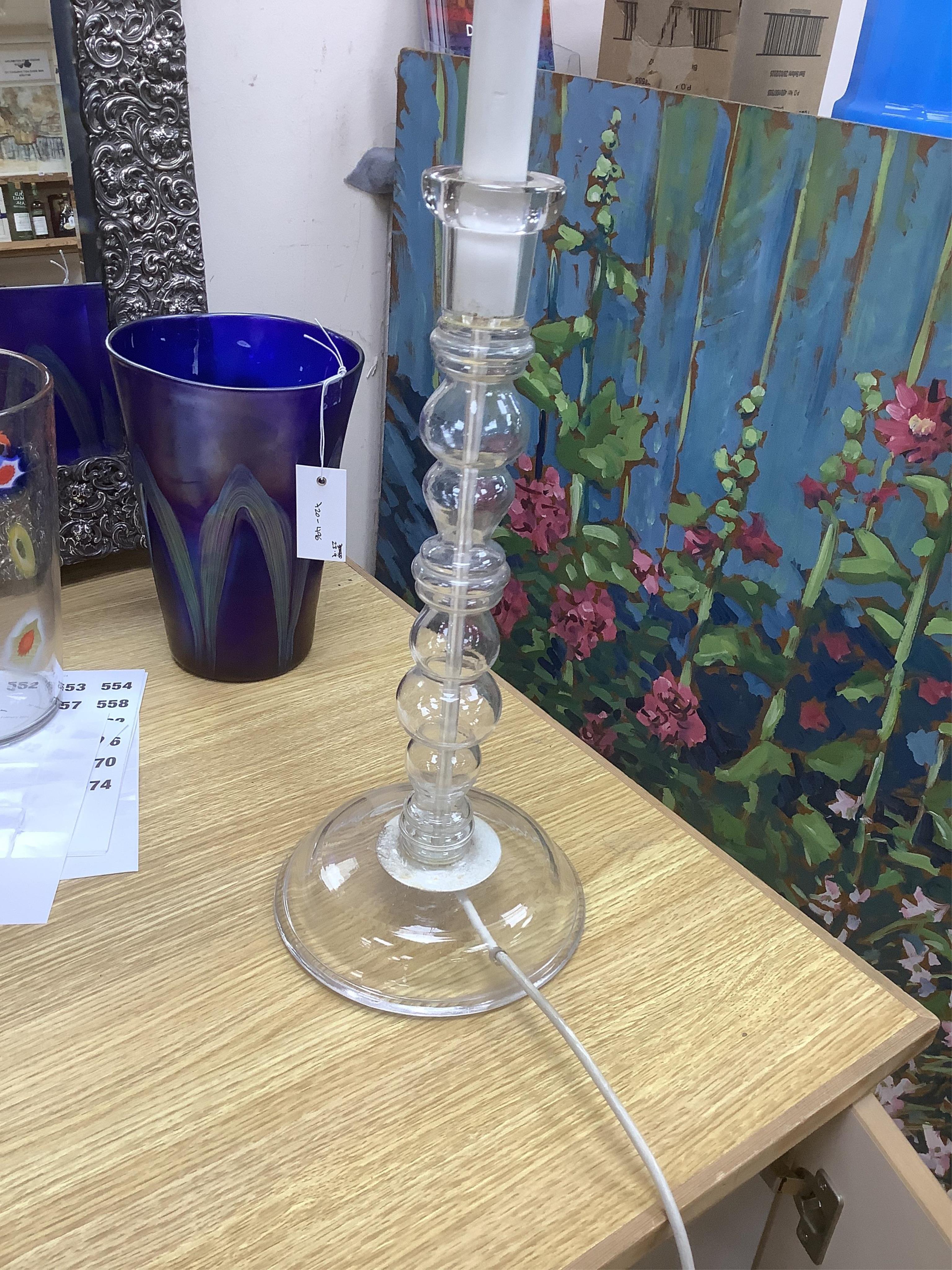 A Japanese terracotta dragon lamp base, two glass and a pair of wooden candlestick lamp bases, tallest 77cm high including light fitting (5). Condition - fair to good